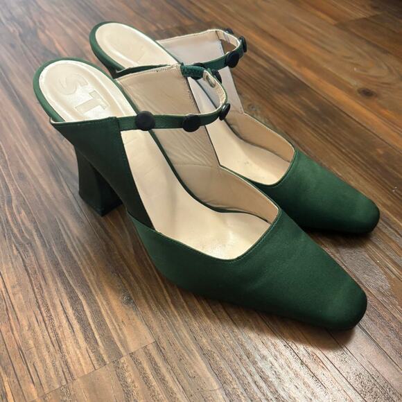 Staud Green Satin Block Heel Pumps Size 10 - Picture 1 of 3